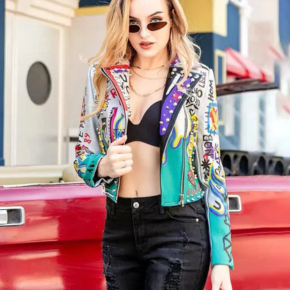 Womens Rivet Beading Pu Jacket Hit Color Streetstyle Graffiti Outerwear Letters Printed Leather Jackets Short Punk Street Coat SS69