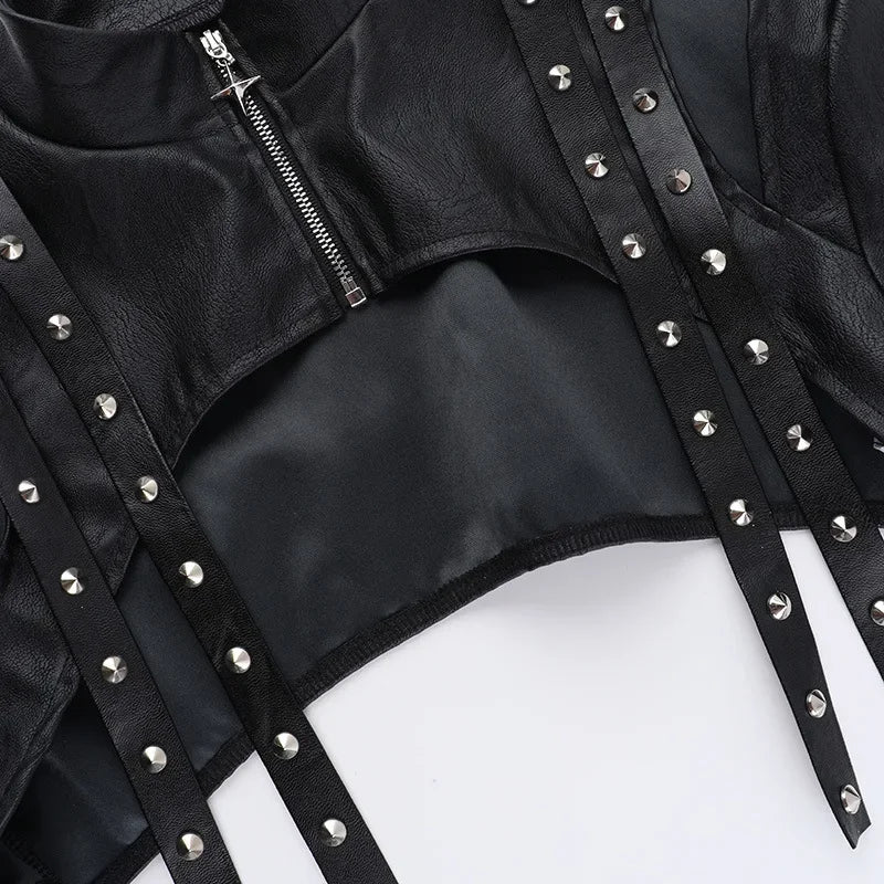 Punk Faux Leather Cropped Jacket with Rivets - Women's Streetwear