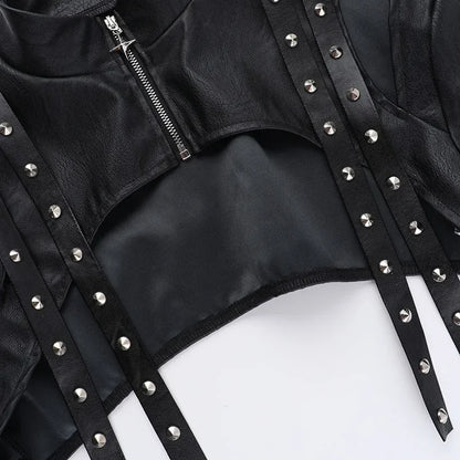 Punk Faux Leather Cropped Jacket Women Spring 2024 Streetwear Sexy Slim Fit Rivet PU Blouse Top