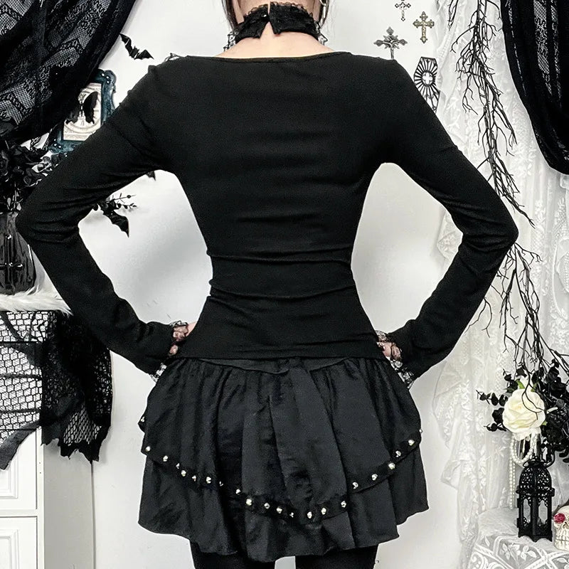 AltGoth Aesthetic Goth T-shirt Women Hotsweet Y2k E-girl 2000s Streetwear Lace Patchwork Square Collar Long Sleeve Crop Tee Tops - SS69