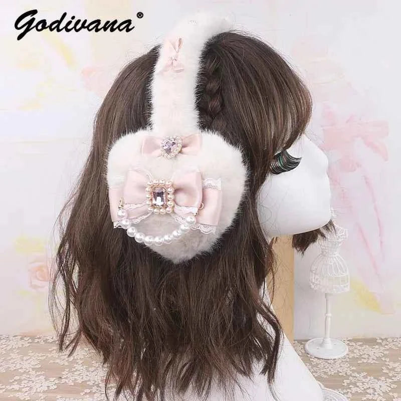Sweet Mine Hairy Rhinestone Big Love Bow Earmuffs - Lolita Style