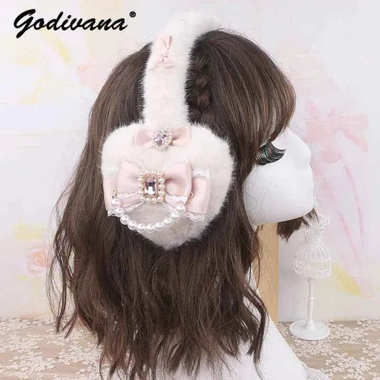Sweet Mine Hairy Rhinestone Big Love Bow Earmuffs - Lolita Style