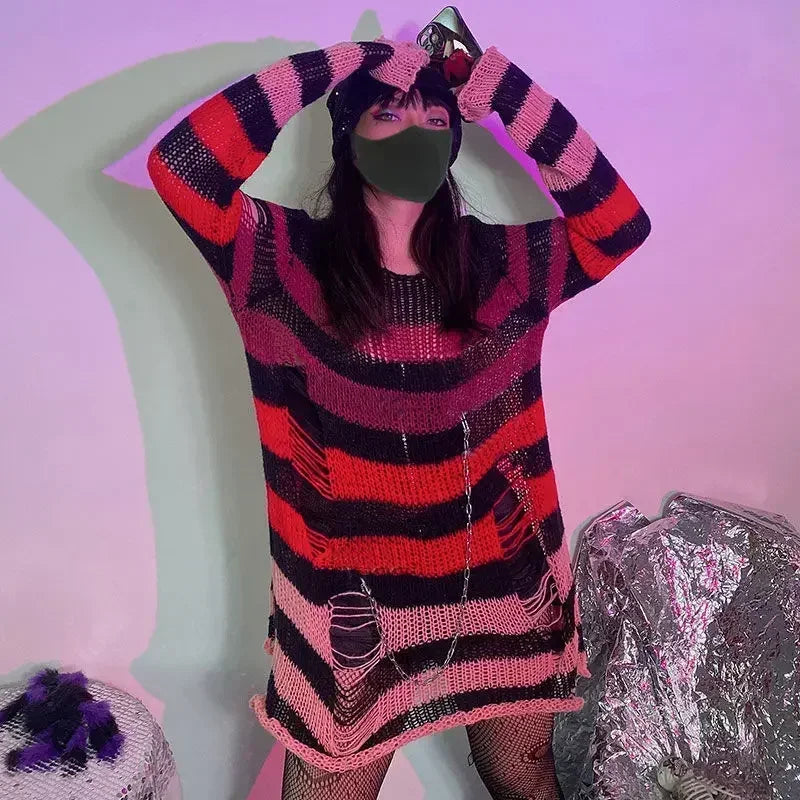 2024 Purple Striped Gothic Sweaters Women Ripped Holes Loose Knitted Pullover Frayed Fairy Grunge Jumpers Emo Streetwear Lolita SS69 14.69 Red Gradient / One Size
