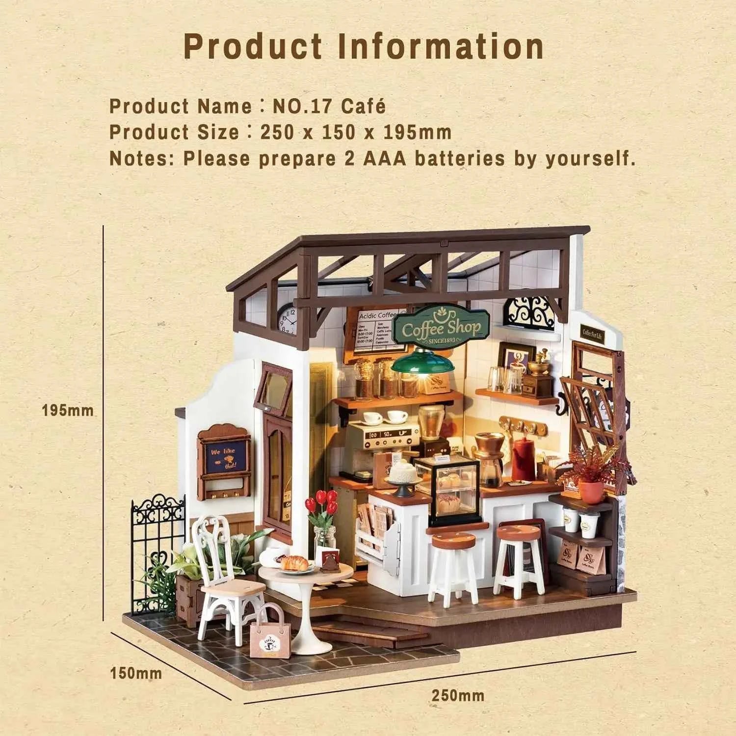 Robotime DIY Wooden Dollhouse Set  NO.17 Coffee Model Building Set with Accessories and LED Model Kit for Adult and Children