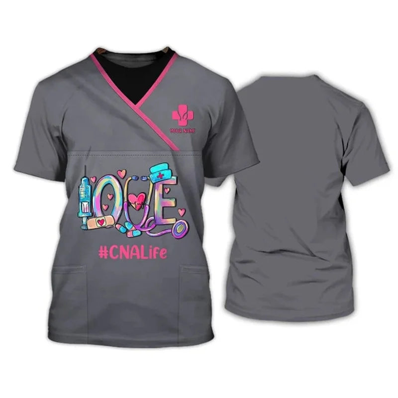 Heart Nurse 3D T Shirt Custom Nurse Uniform Nursing Tools Print Short Sleeve Black Pink Medical Scrubs Clothing Nurse Tshirt SS69