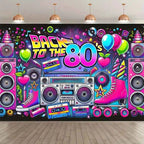 Retro 80s party background - polyester background, neon lights, tapes, amplifiers and the text "Back to the 80s"