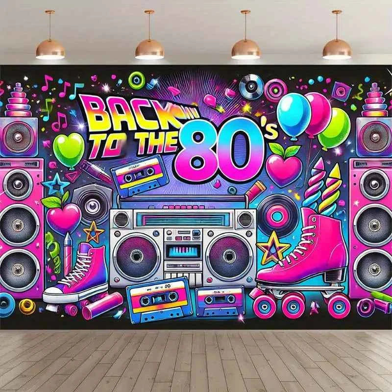 Retro 80s party background - polyester background, neon lights, tapes, amplifiers and the text "Back to the 80s"