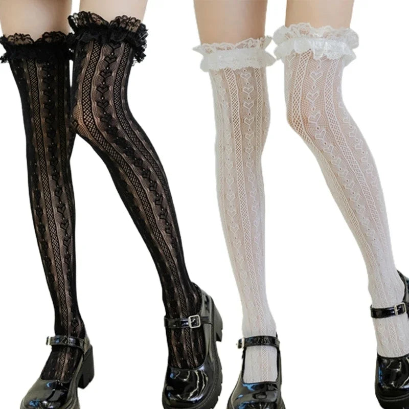 Women Lolita Fishnet Thigh High Socks Japanese Style Heart Striped Lace Patterned Over Knee Long Stockings Ruffled Frilly Kawaii SS69