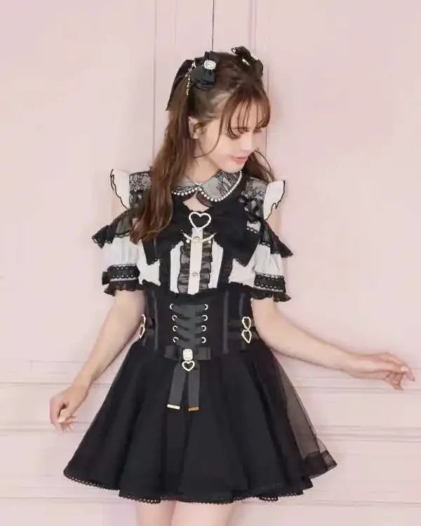 Japanese Liz Mine Women's Shirt Summer Off Shoulder Big Bow Short Sleeve Top Cute Girl BlousesHigh Waist Skirt 2 Piece Skirt Set SS69