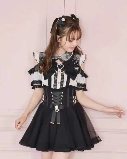 Japanese Liz Mine Women's Shirt Summer Off Shoulder Big Bow Short Sleeve Top Cute Girl BlousesHigh Waist Skirt 2 Piece Skirt Set SS69