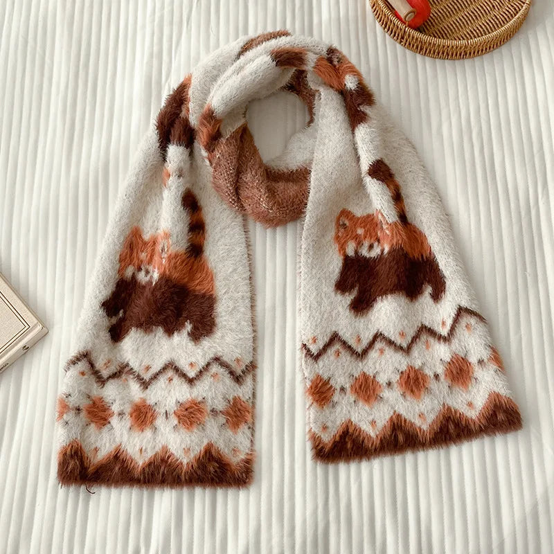 170cm Cute Red Panda Knit Imitate Mink Wool Scarf Soft Comfort Women Winter Neckerchief Girls Students Warm Scarves