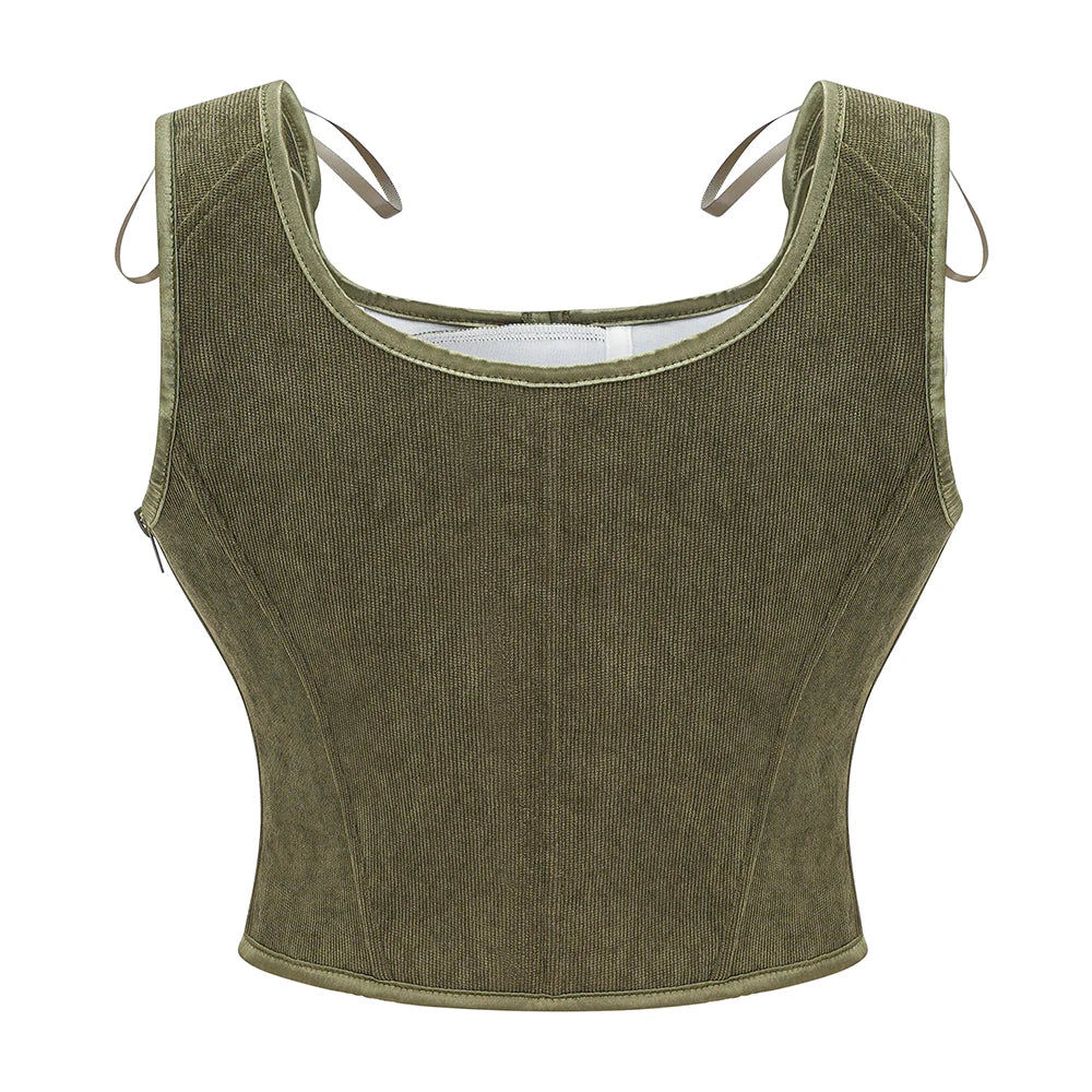 Victorian Vintage Corset Vest Army Green Lace-Up Tank Top