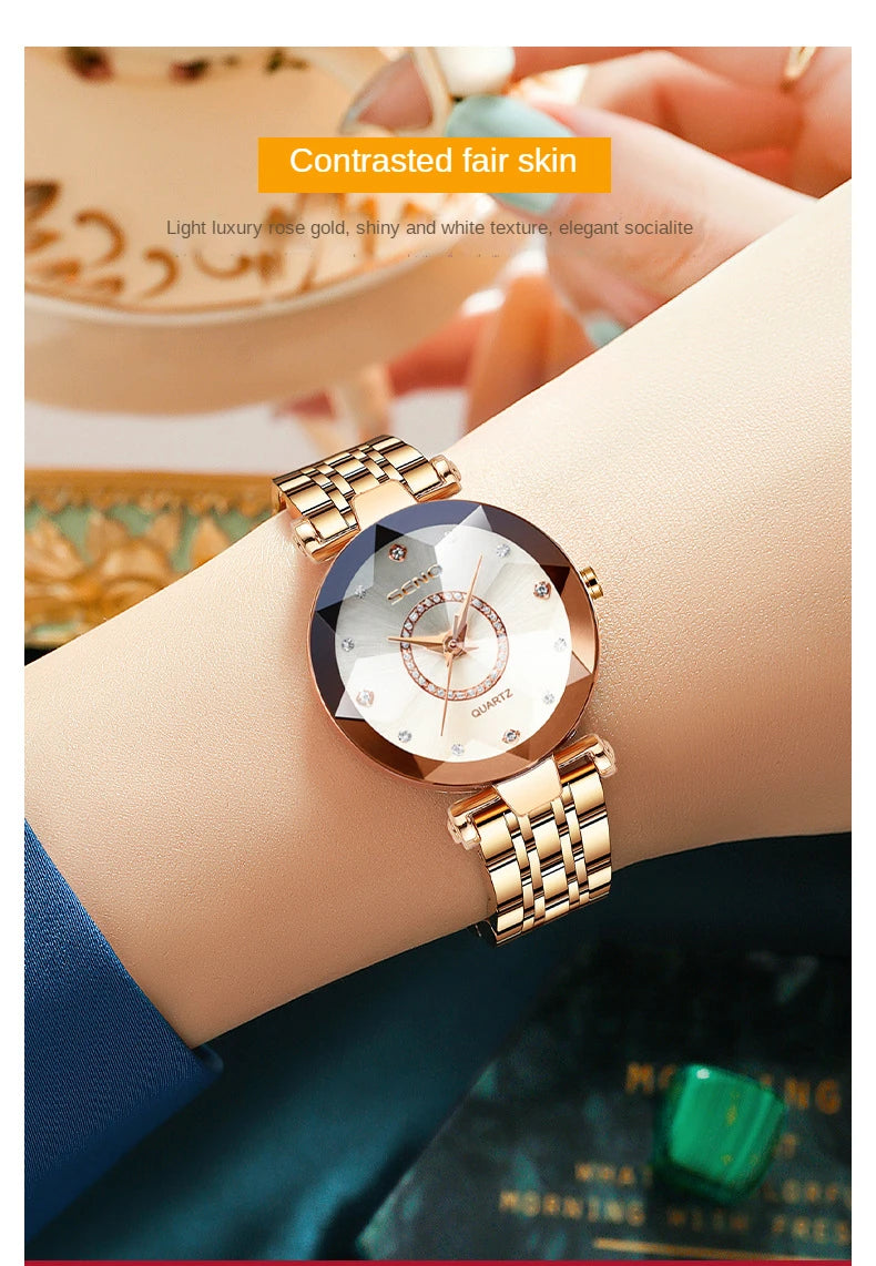 SENO Ocean Star Women Crystal Watch 2024 Top Brand Luxury Rose Gold Women Bracelet Watch for Ladies Wrist Watch Relogio Feminino SS69