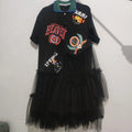 Summer Mesh Splicing Ruffles Short Sleeve T-Shirts Irregular Gauze Stitching Ruched Pleated Tees Letters Printed Jumpers Tops SS69 27.69 black / S