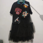 Summer Mesh Splicing Ruffles Short Sleeve T-Shirts Irregular Gauze Stitching Ruched Pleated Tees Letters Printed Jumpers Tops SS69 27.69 black / S