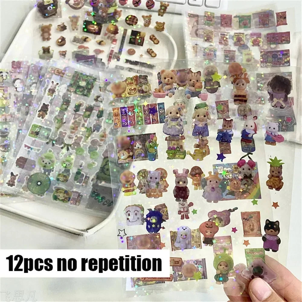 12pcs/10pcs Kawaii Glitter Stickers Transparent Journal Stickers PET Scrapbooking Cut Film Toploader Scrapbooking Deco Home SS69 8.69 12Pcs Random