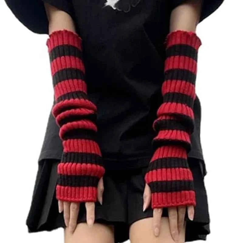 Gothic Striped Knitted Fingerless Arm Sleeves Black White Striped Winter Long Arm Warmers Girls Harajuku Y2K Wrist Gloves