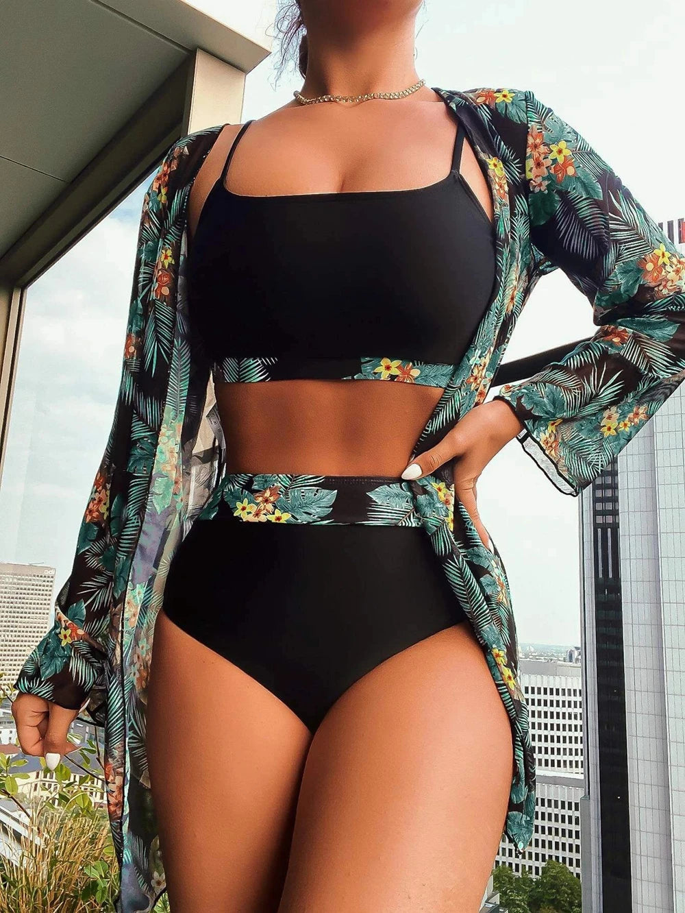 Hot Selling Women Bikini 3 Pieces Suit Black/Green/Red Bikini Sets With Long Sleeved Cover Ups High Quality Size Small-XXLarge SS69