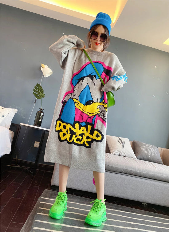 Korean Long-Sleeved Pullover Sweater Loose Fashion Women Autumn Winter Cartoon Embroidered Thickened Long Section Knitted Top SS69