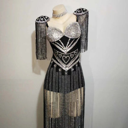 Sparkly White Rhinestones Tassels Epaulet Bodysuit Nightclub Dancer Group DJ Dance Costume Sexy Fashion Singer Stage Wear SS69