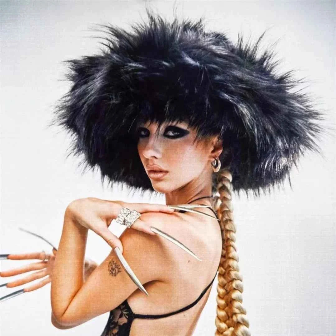 Luxury Fluffy Women Faux Fur Bucket Hats Oversized 17cm Wide Brim Thicken Outdoor Warm Plush Punk Hat Girl Y2k Female Ski Panama