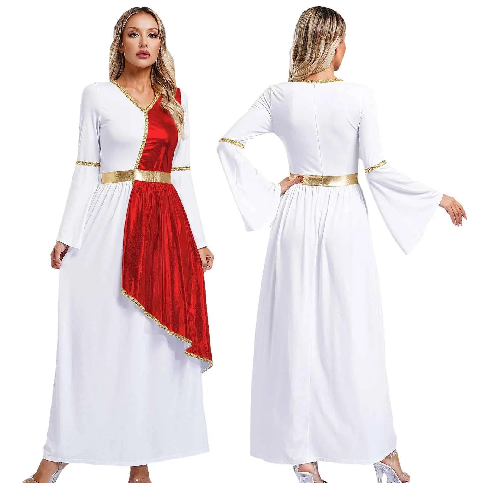 Woman's Greek Aphrodite Nymph Halloween Cosplay Costume Shiny Bell Long Sleeve Maxi Robe Dress Church Choir Prayer Gown