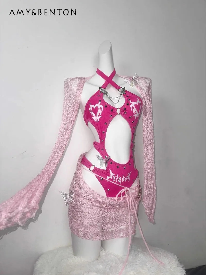 Original Barbie Powder Flash Three-dimensional Rivet-cut Onesie Tattered Wool Knitted Skirt Spice Girl For Suit SS69