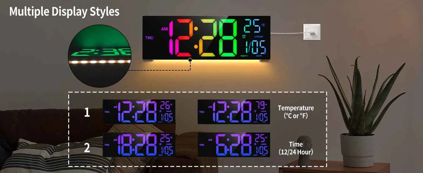 16" Large Digital Wall Clock, Big LED Display with Remote, 8 RGB Color, Alarm, DST, Temperature for Living Room, Kitchen