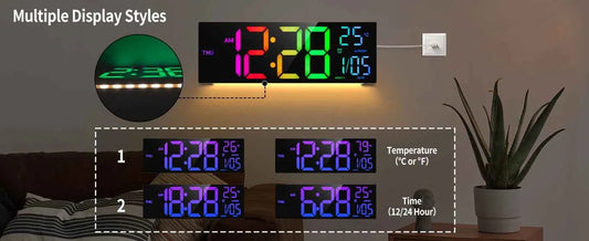 16" Large Digital Wall Clock, Big LED Display with Remote, 8 RGB Color, Alarm, DST, Temperature for Living Room, Kitchen