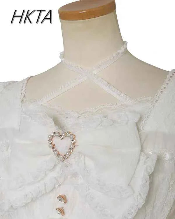 Japanese Sweet Heavy Industry Splicing Sleeve Strap Lace Bow Lace Shirt Summer Autumn New Elastic Slim Long-sleeve Tshirt Top
