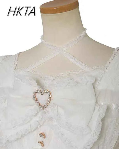 Japanese Sweet Heavy Industry Splicing Sleeve Strap Lace Bow Lace Shirt Summer Autumn New Elastic Slim Long-sleeve Tshirt Top