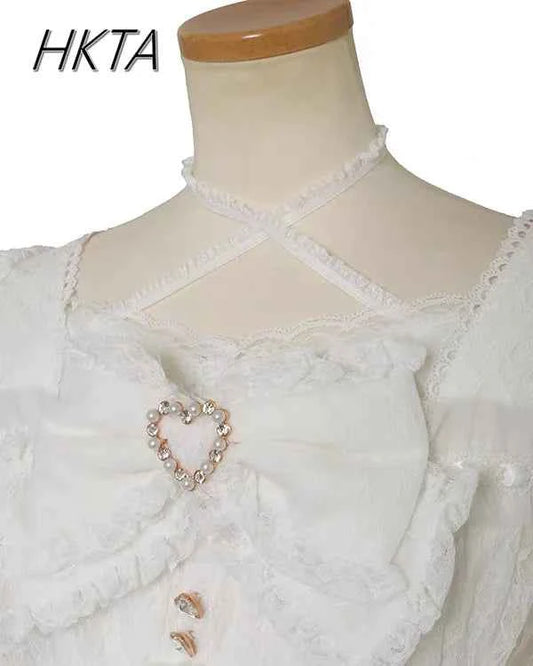 Japanese Sweet Heavy Industry Splicing Sleeve Strap Lace Bow Lace Shirt Summer Autumn New Elastic Slim Long-sleeve Tshirt Top