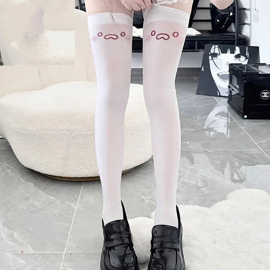 SS69 Japanese Kawaii Expression Thigh High Socks - White Plaid Over Knee