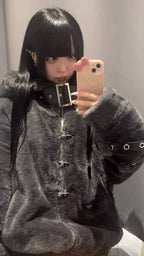 Lautaro Autumn Winter Thick Warm Faux Fur Coat Women with Hood Zipper Luxury Japanese Style Punk Harajuku Fluffy Jacket 2026