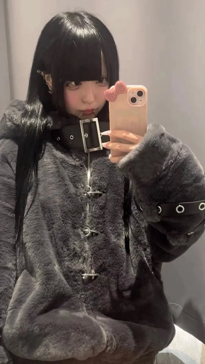 Lautaro Autumn Winter Thick Warm Faux Fur Coat Women with Hood Zipper Luxury Japanese Style Punk Harajuku Fluffy Jacket 2026