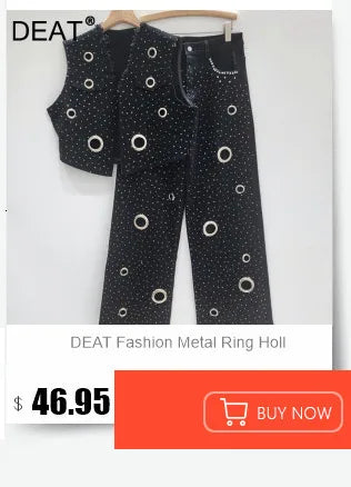 DEAT Women's Patchwork Denim Hooded Jacket and High Waist Wide Leg Pants Set