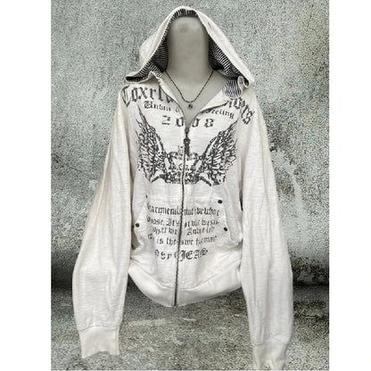 ey Zipper Hoodie ex Loose Lazy Sle High Street Retro American Letter Print Long Sve Sweatirt Autumn Winter Coat SS69 23.69 M / Light gray
