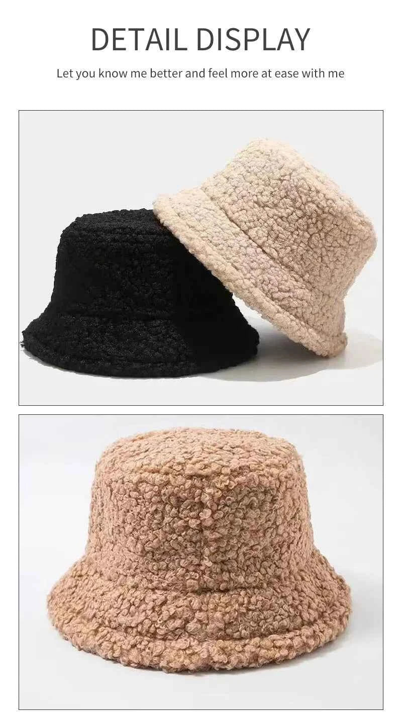 Unisex Harajuku Bucket Hat Solid Men Fishing Fisherman Hat Autumn Winter Lamb Wool Outdoor Warm Panama Cap For Women
