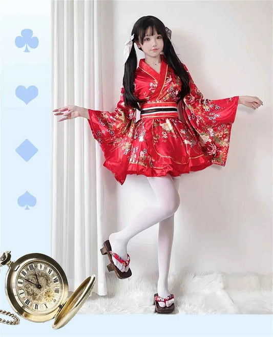 Japanese Kimono Yukata Robes Kawaii Girls Floral Printed Haori Suit Lovely Lolita Dress For Women Maid Cosplay Costume Halloween