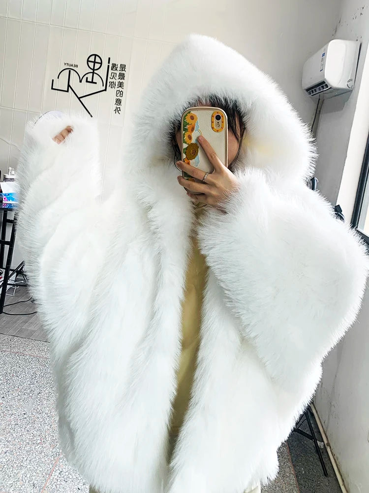 Nerazzurri Women's Faux Fur Coat with Hood - Warm & Fluffy