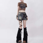 Harajuku Denim Black Leg Warmers with Cross Patchwork