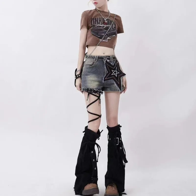 Harajuku Denim Black Leg Warmers with Cross Patchwork