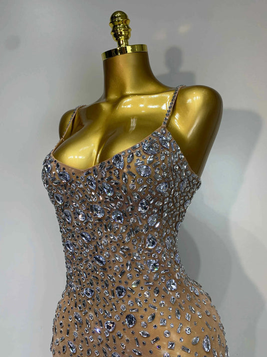 Luxury Rhinestones Sexy Mesh See Through Bodycon Dress Women Birthday Evening Cocktail party Gown Red Carpet Club Stage Outfit