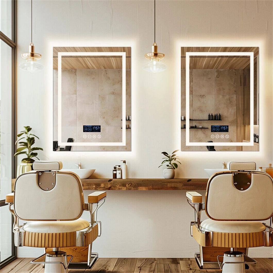 Smart LED Bathroom Mirror Rectangle Wall Mount Mirror w Bluetooth Speaker,Time,Temperature,Light Memory,Front & Backlit,Anti-Fog SS69