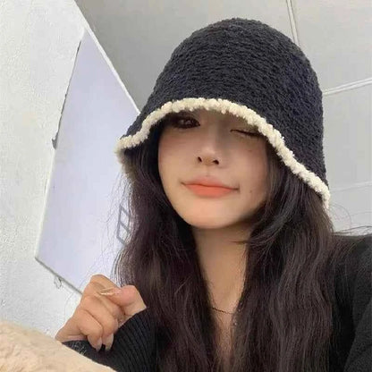 Winter contrasting warm fisherman hat ins ear protection bucket hat with fleece autumn and winter knitted hat