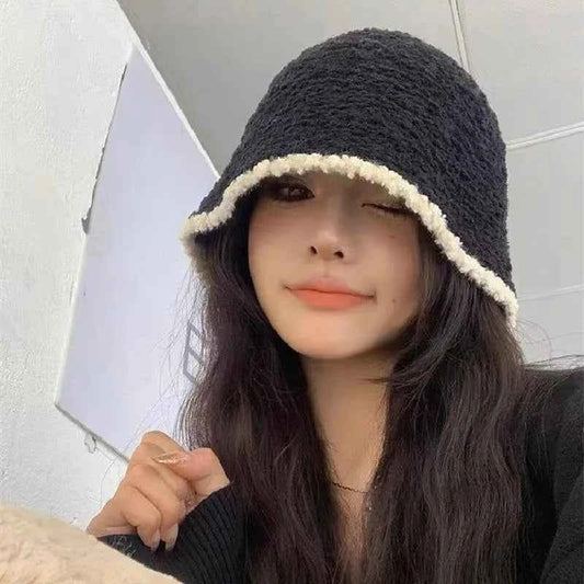Winter contrasting warm fisherman hat ins ear protection bucket hat with fleece autumn and winter knitted hat