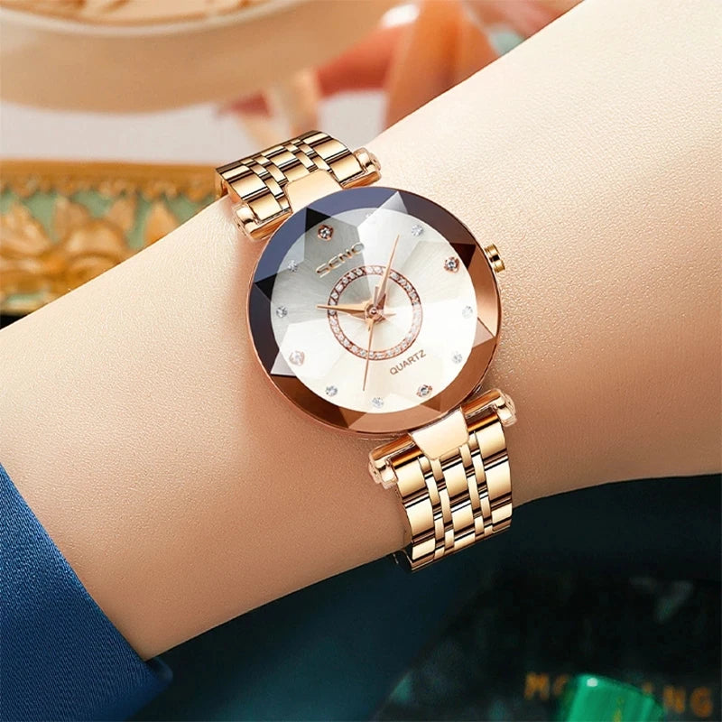 SENO Ocean Star Women Crystal Watch 2024 Top Brand Luxury Rose Gold Women Bracelet Watch for Ladies Wrist Watch Relogio Feminino SS69
