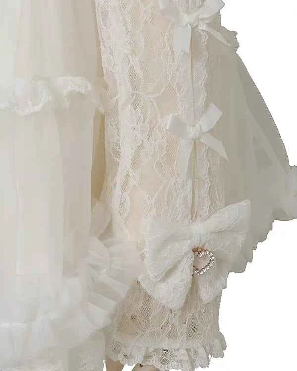 Japanese Sweet Heavy Industry Splicing Sleeve Strap Lace Bow Lace Shirt Summer Autumn New Elastic Slim Long-sleeve Tshirt Top