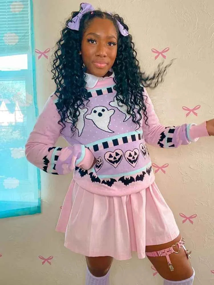 Yangelo Pink Kawaii Sweater Women's Knitted Top Gothic Ghost Bat Pattern Autumn Winter Warm Fairy Grunge Clothing