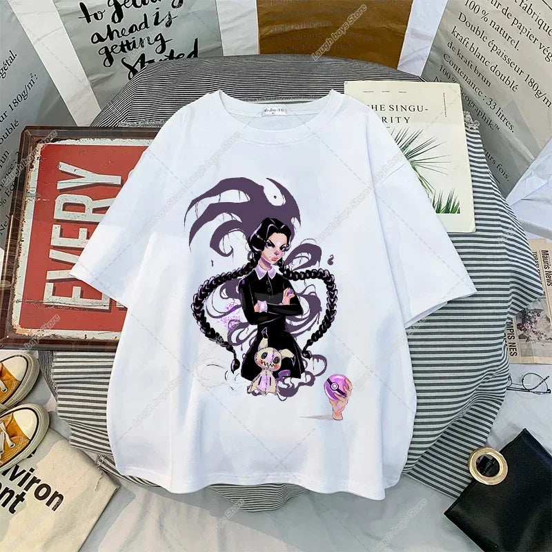 Wednesday Addams Women Casual T-shirt Summer Adult Cartoon Printed Tee Tops Girls Round Neck Clothing Short Sleeve Fashion Gifts SS69